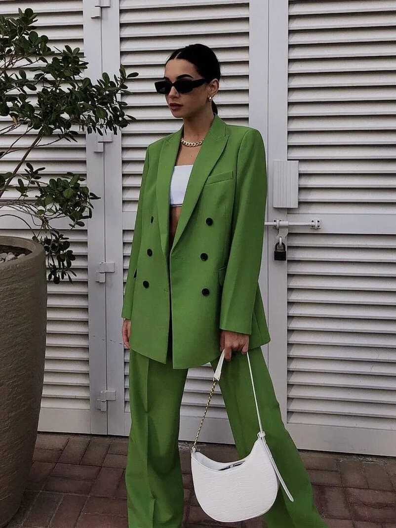 Fashionkova  Women Fashion Green Blazer Jacket Double Breasted 2022 Spring Autumn Casual Female Coat Solid New Arrival Coat Streetwear