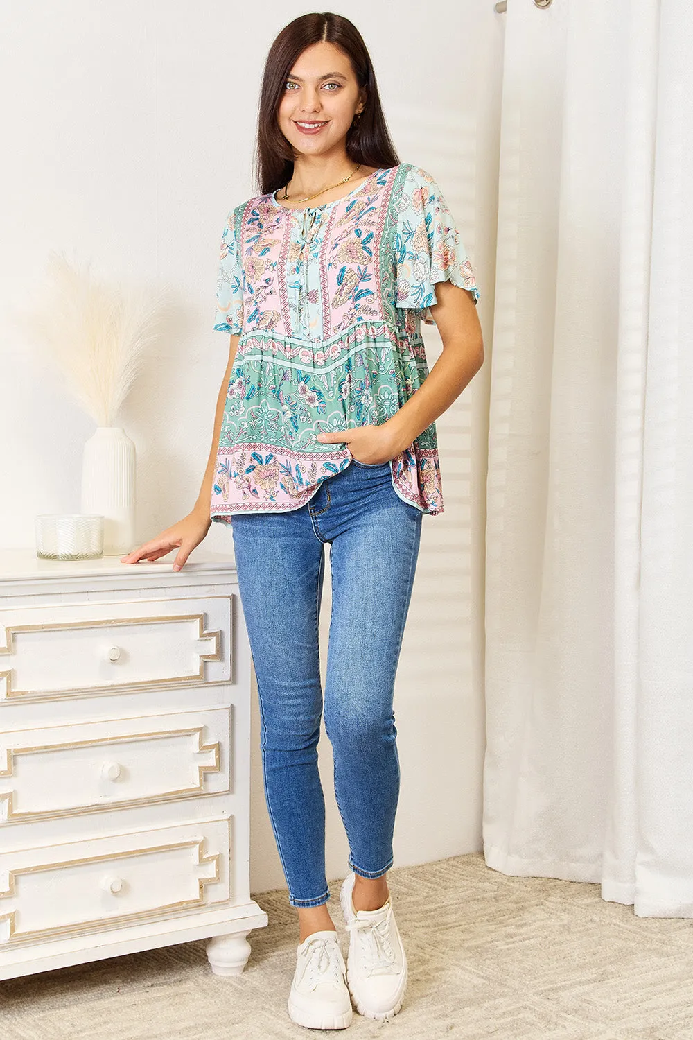 Floral Tie Neck Boho Summer Blouse