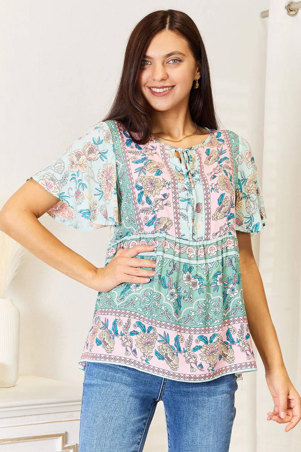 Floral Tie Neck Boho Summer Blouse