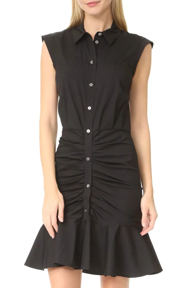 Flowy Fishtail Button Up Sleeveless Ruched Shirt Mini Dress - Black