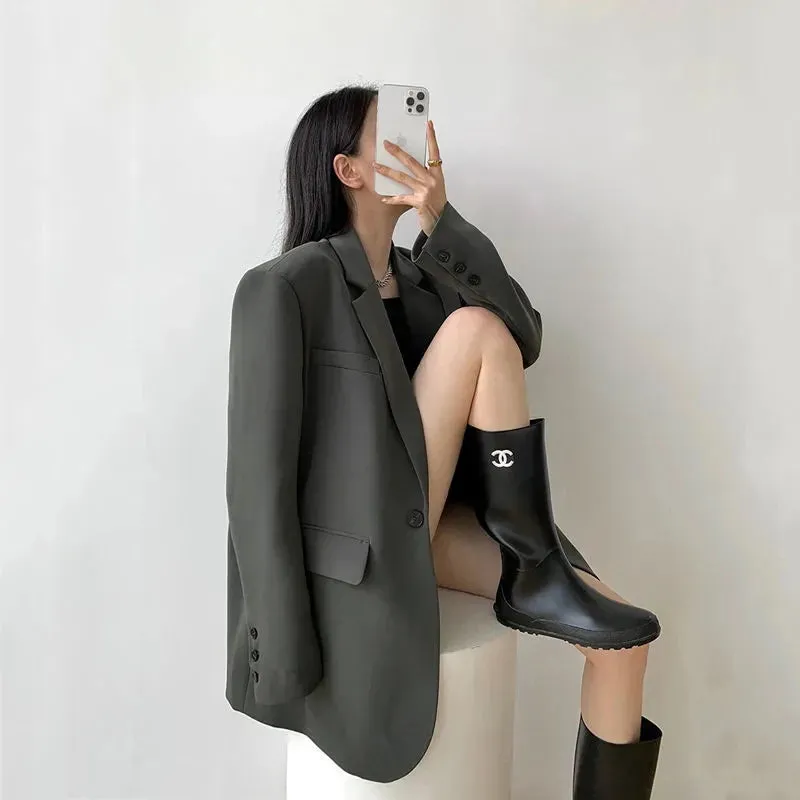 Flytonn-Fall Outfits Women Black Suit Jacket Women Loose Straight Long Sleeve Spring Fall  Fashion Outwear Basic Simple Korean Office Lady High Street Coat