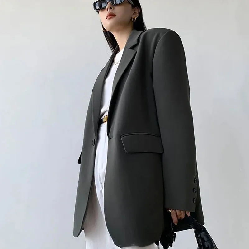 Flytonn-Fall Outfits Women Black Suit Jacket Women Loose Straight Long Sleeve Spring Fall  Fashion Outwear Basic Simple Korean Office Lady High Street Coat