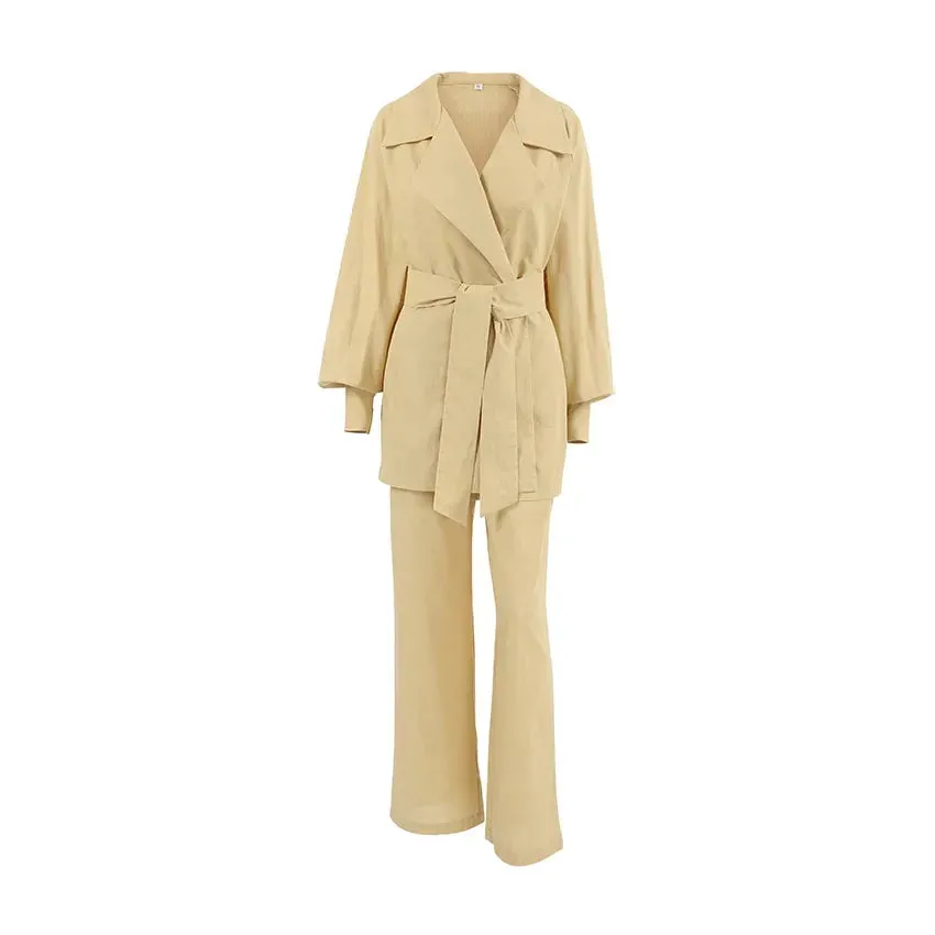 Flytonn-Khaki Cotton Linen Blazers and Wide Legs Pants Suit for Women, Female Outfits, Autumn Street Fashion, 2 Pcs Set