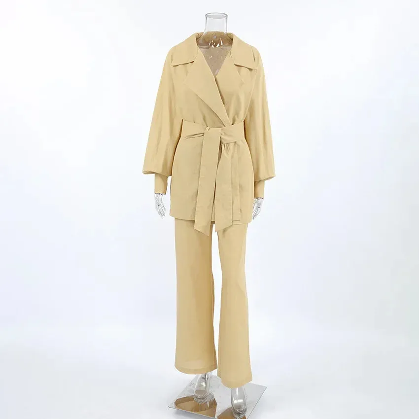 Flytonn-Khaki Cotton Linen Blazers and Wide Legs Pants Suit for Women, Female Outfits, Autumn Street Fashion, 2 Pcs Set