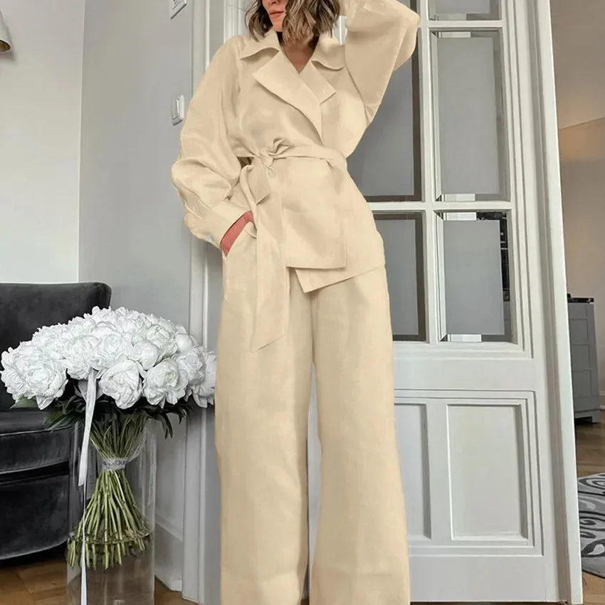 Flytonn-Khaki Cotton Linen Blazers and Wide Legs Pants Suit for Women, Female Outfits, Autumn Street Fashion, 2 Pcs Set