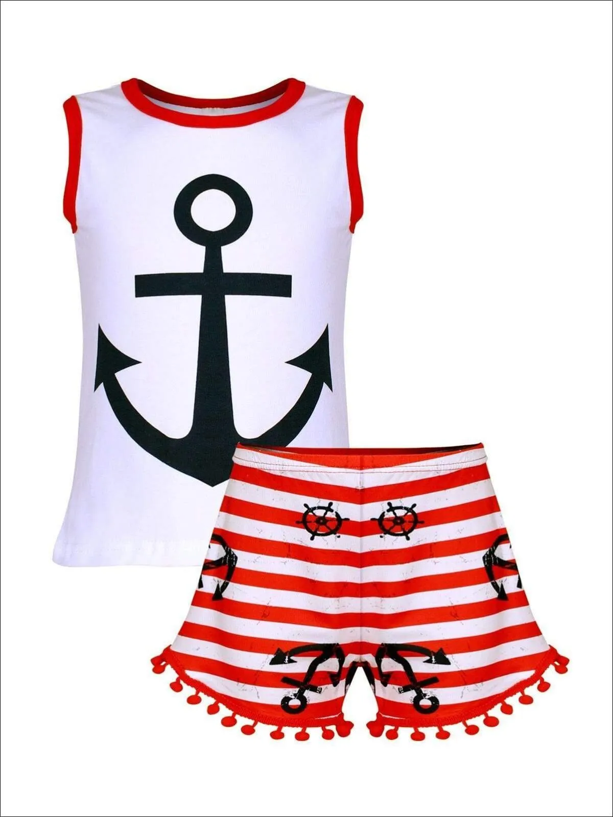 Girls 4th of July Nautical Sleeveless Printed Top And Striped Anchor Print Pom Pom Short Set