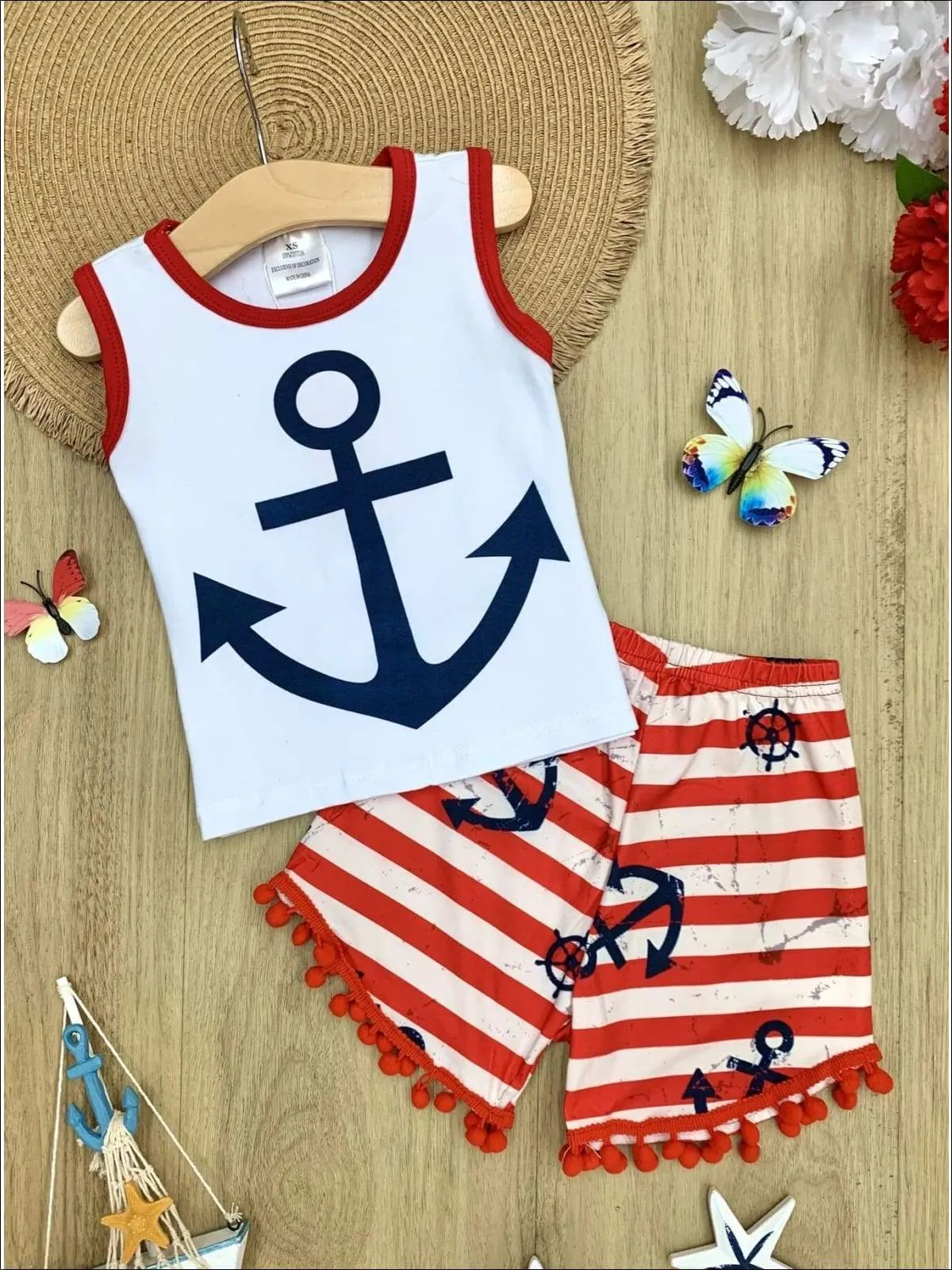 Girls 4th of July Nautical Sleeveless Printed Top And Striped Anchor Print Pom Pom Short Set