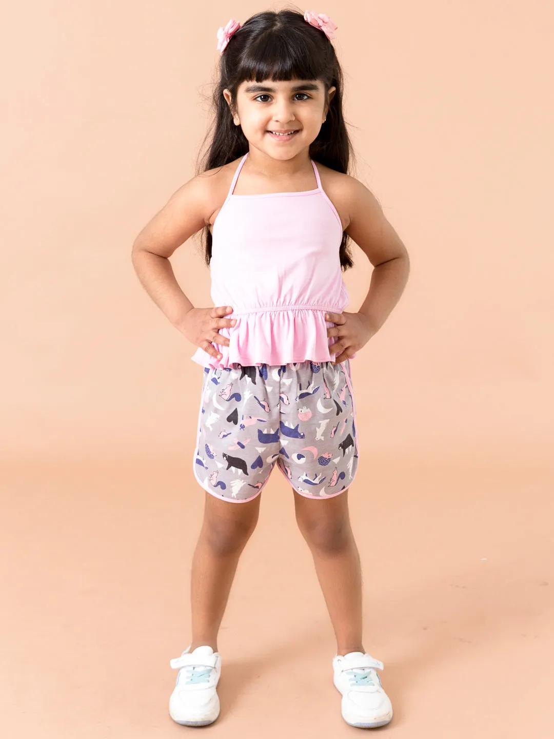 Girls Pink Grey Printed Top With Shorts - Ps Peaches