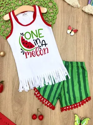 Girls "One in a Melon"Fringe Tank and Watermelon Pom Pom Shorts Set