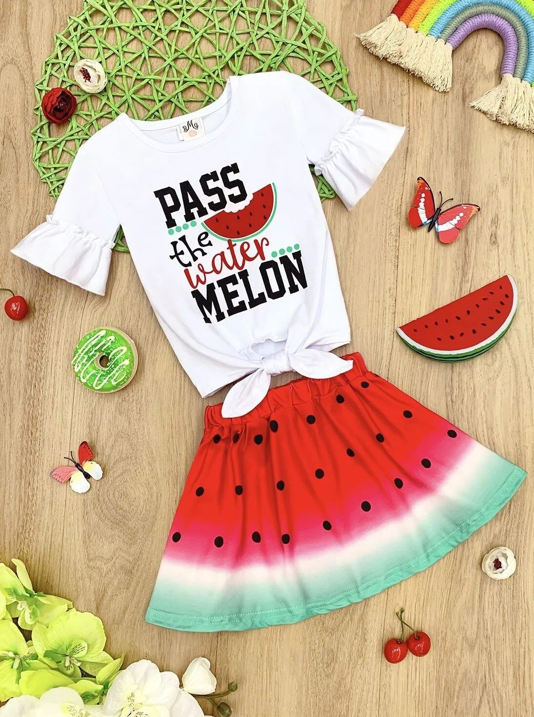 Girls "Pass the Watermelon" Ruffled Knot Top and Watermelon Skirt Set