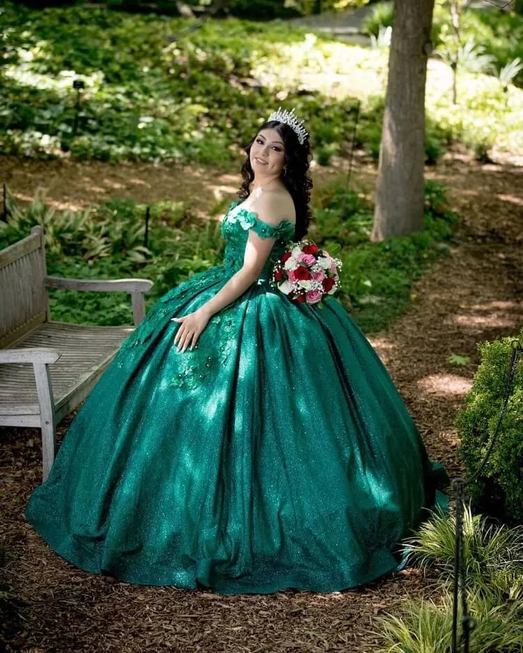 Green Sweet 16 Quinceanera Dress Sequined Sparkly Lace Pageant Party Dress Ball Gown Mexican Birthday Gown