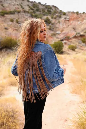 Handtooled Leather Denim Jacket in Brown and Golden Tan with Xtra Long Fringe