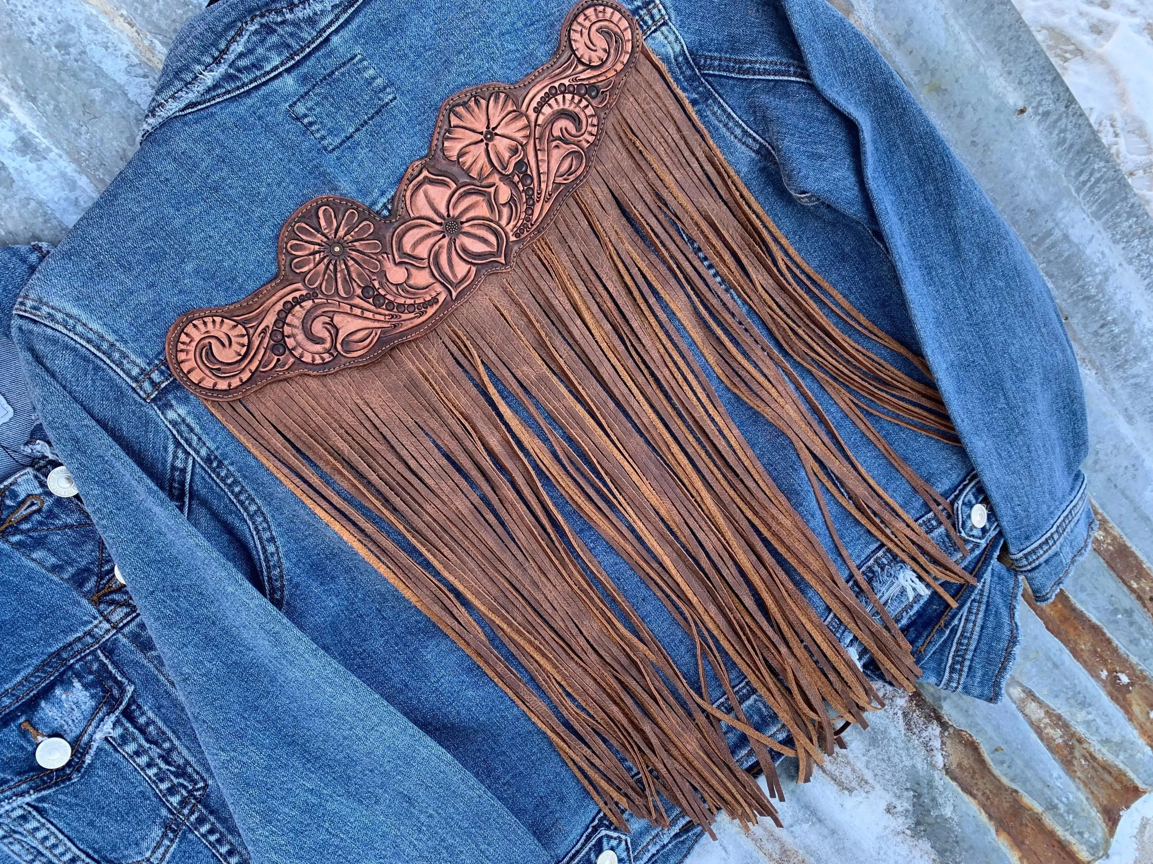 Handtooled Leather Denim Jacket in Brown and Golden Tan with Xtra Long Fringe