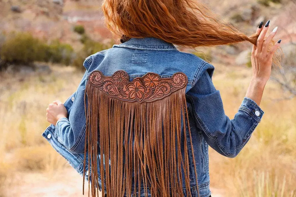 Handtooled Leather Denim Jacket in Brown and Golden Tan with Xtra Long Fringe