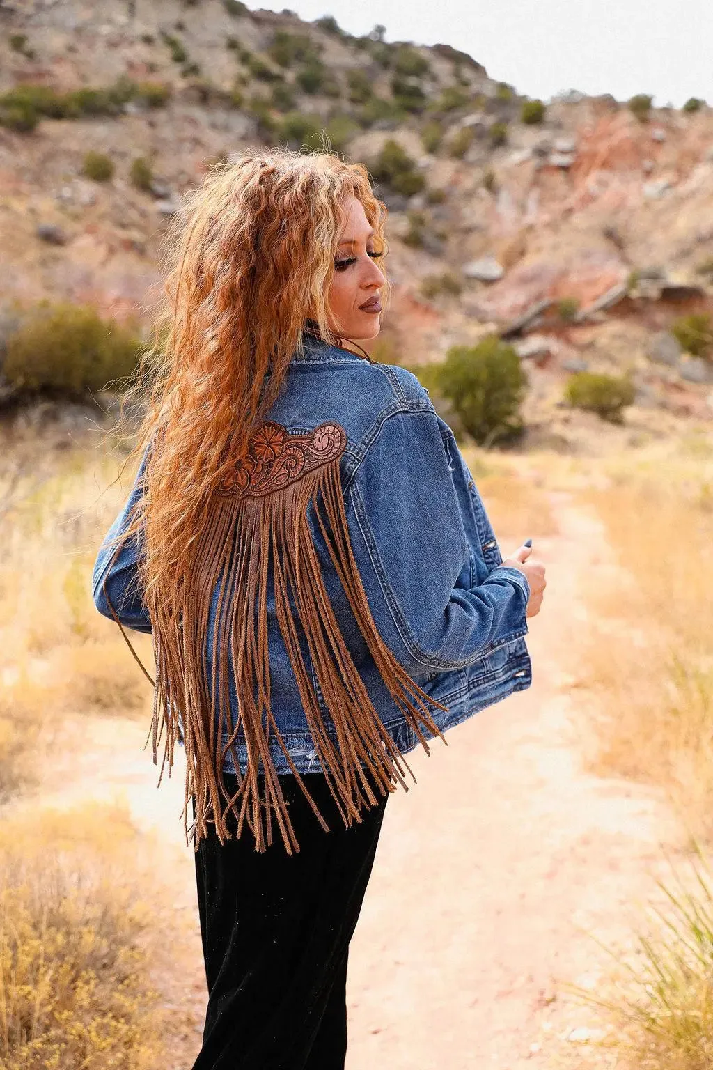 Handtooled Leather Denim Jacket in Brown and Golden Tan with Xtra Long Fringe