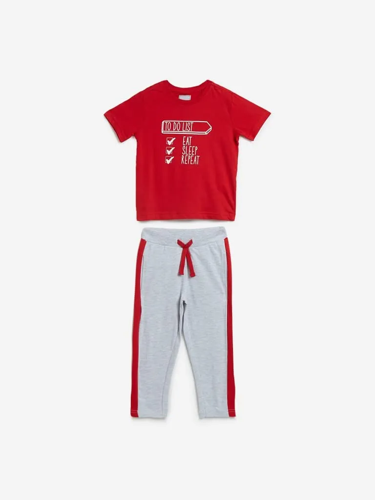 HOP Kids Red Printed T-Shirt And Track-pants Set