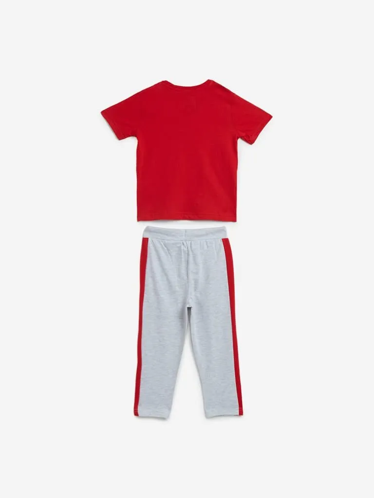 HOP Kids Red Printed T-Shirt And Track-pants Set