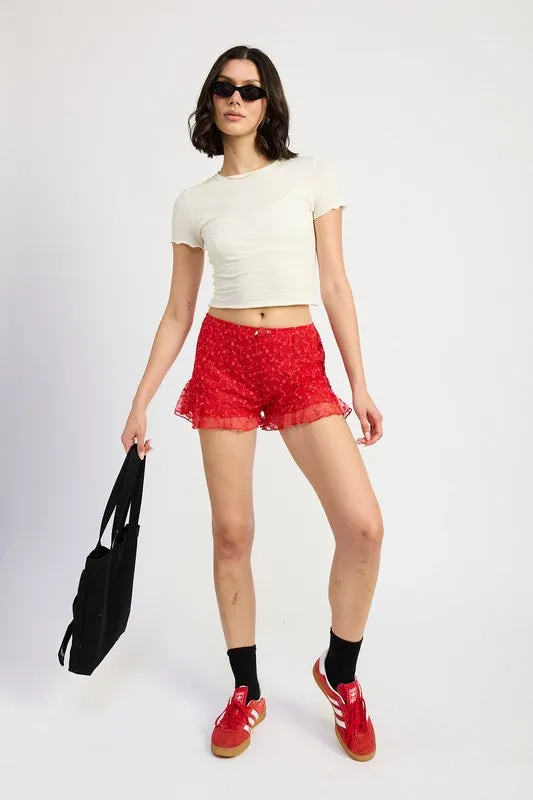 Hot Girl Azalea Floral Ruffle Jersey Shorts In Red