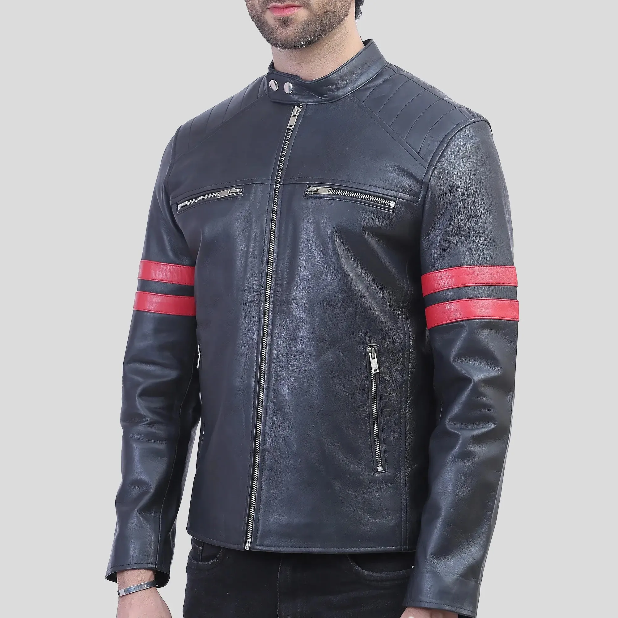 Hunter Men’s Black Leather Red Striped Cafe Racer Jacket