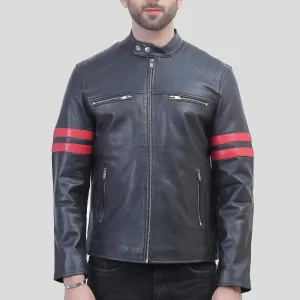 Hunter Men’s Black Leather Red Striped Cafe Racer Jacket