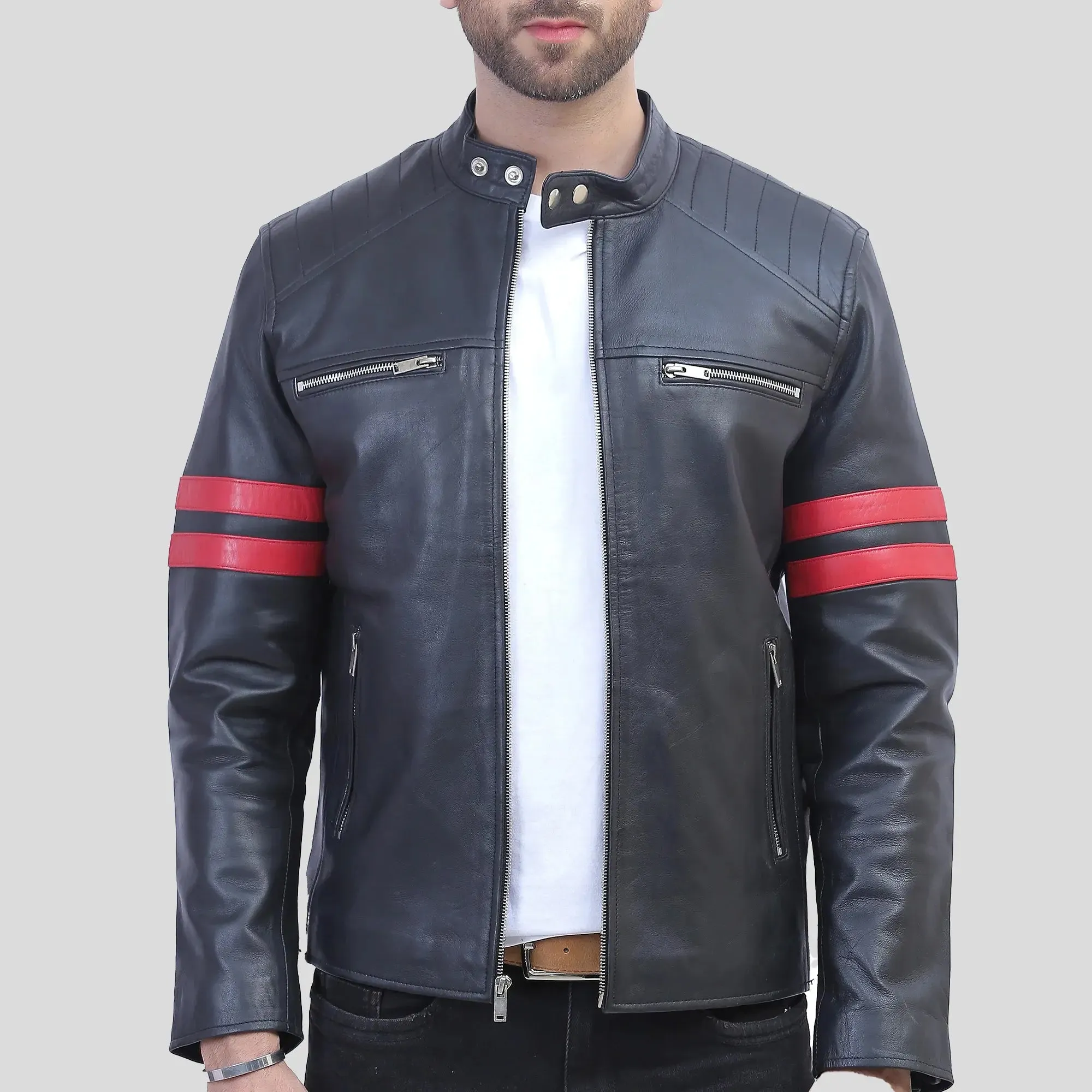 Hunter Men’s Black Leather Red Striped Cafe Racer Jacket