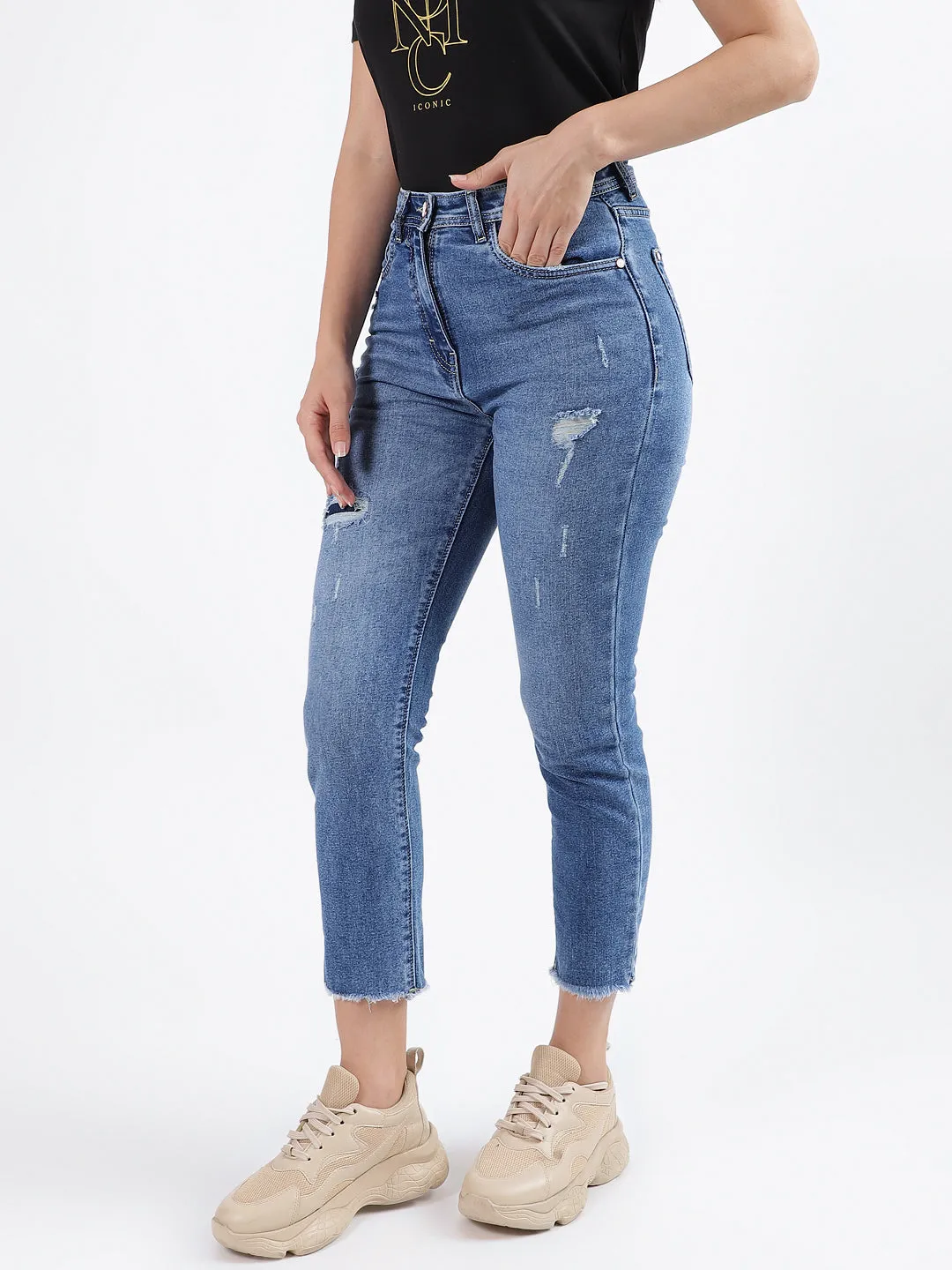 Iconic Women Blue Faded Slim Straight Fit Jeans