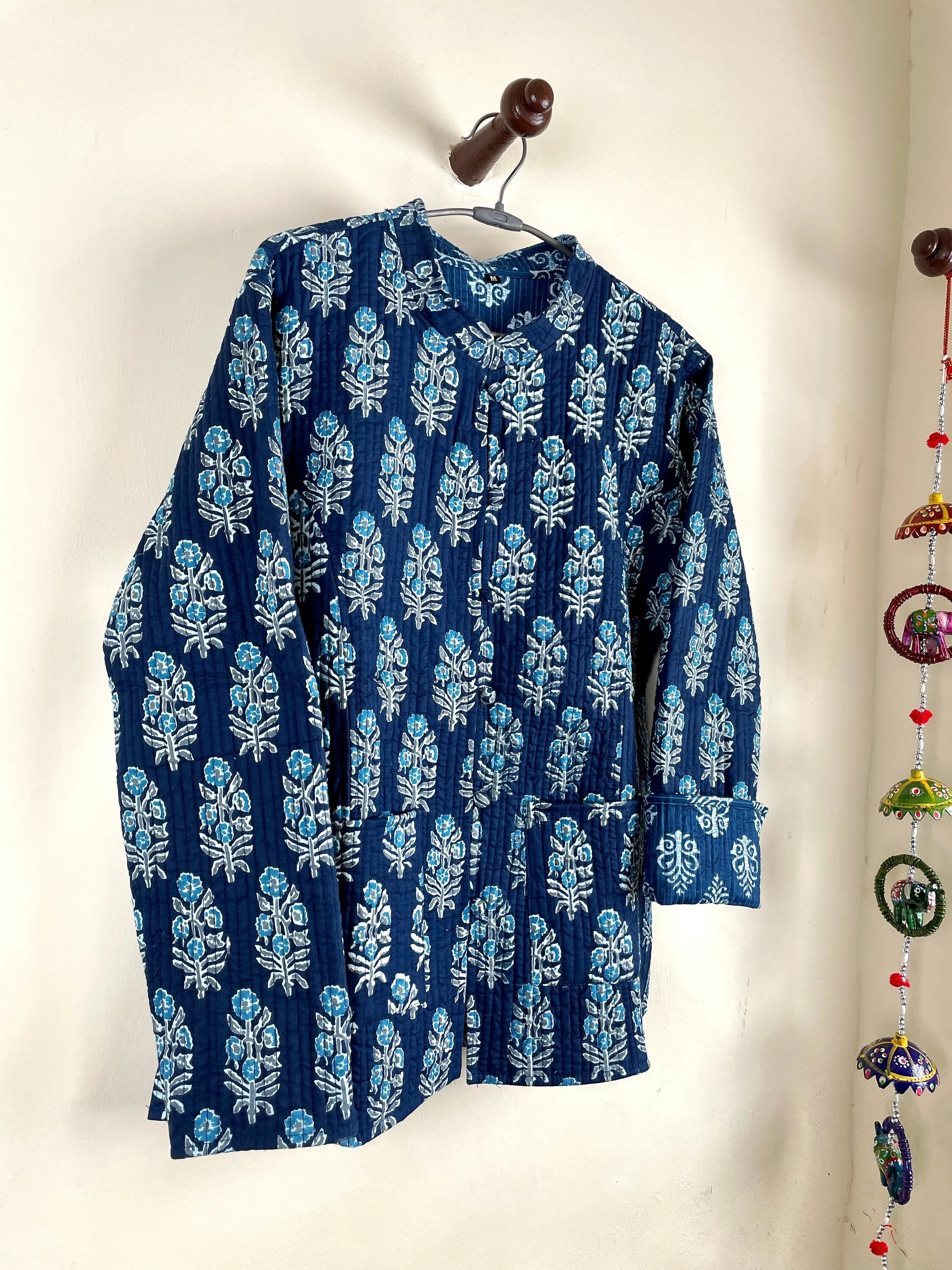 Indian Handmade Quilted Cotton Fabric Jacket Stylish Blue & White Floral Women's Coat, Reversible Waistcoat, Christmas Gift for Her