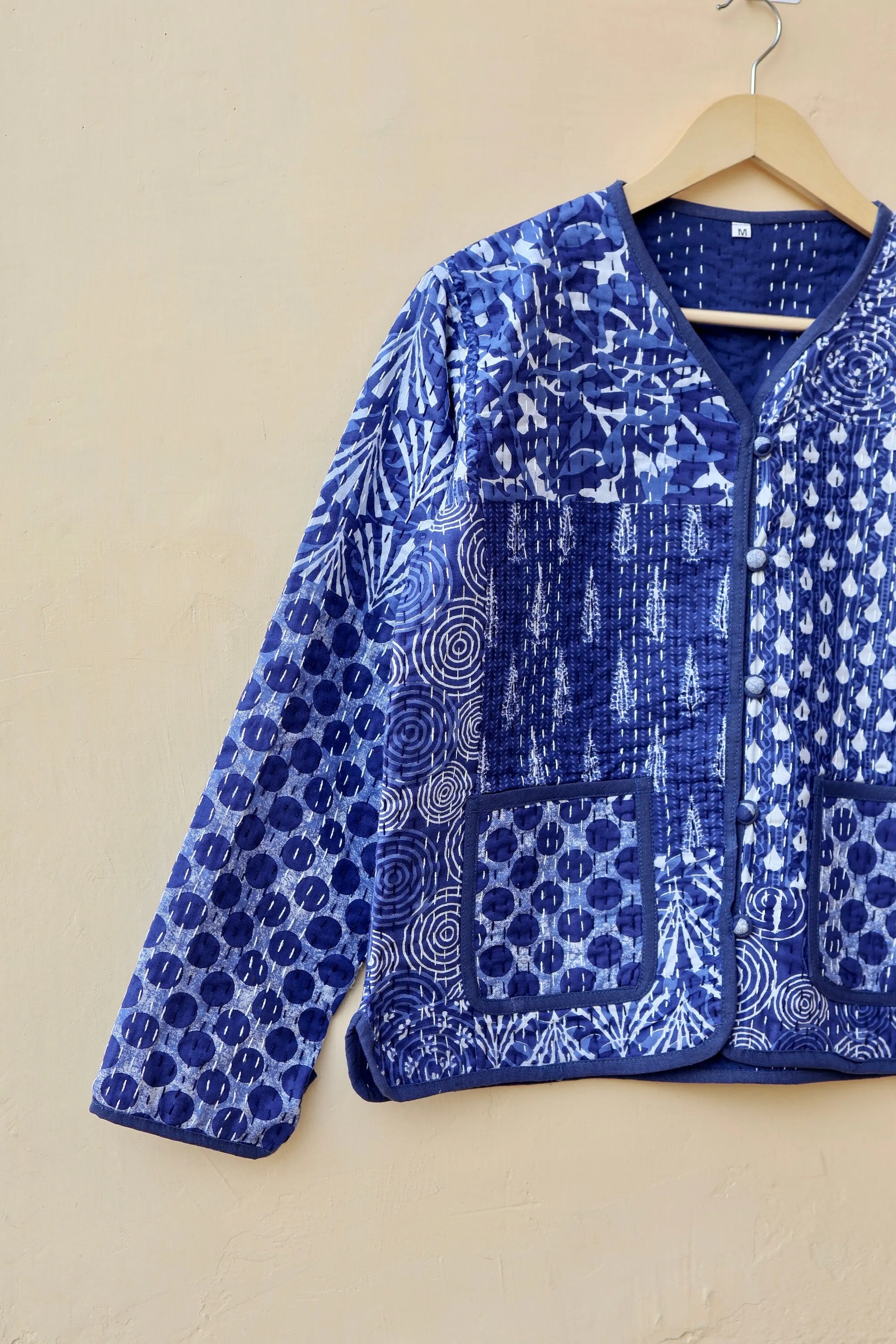 Indigo Patchwork Kantha Quilted Jacket, Indian Handmade Stylish Blue Patchwork Women's Coat, Winter Spring Reversible Kantha Jacket for Her