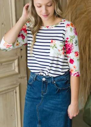 Ivory Floral   Striped Raglan Top - FINAL SALE