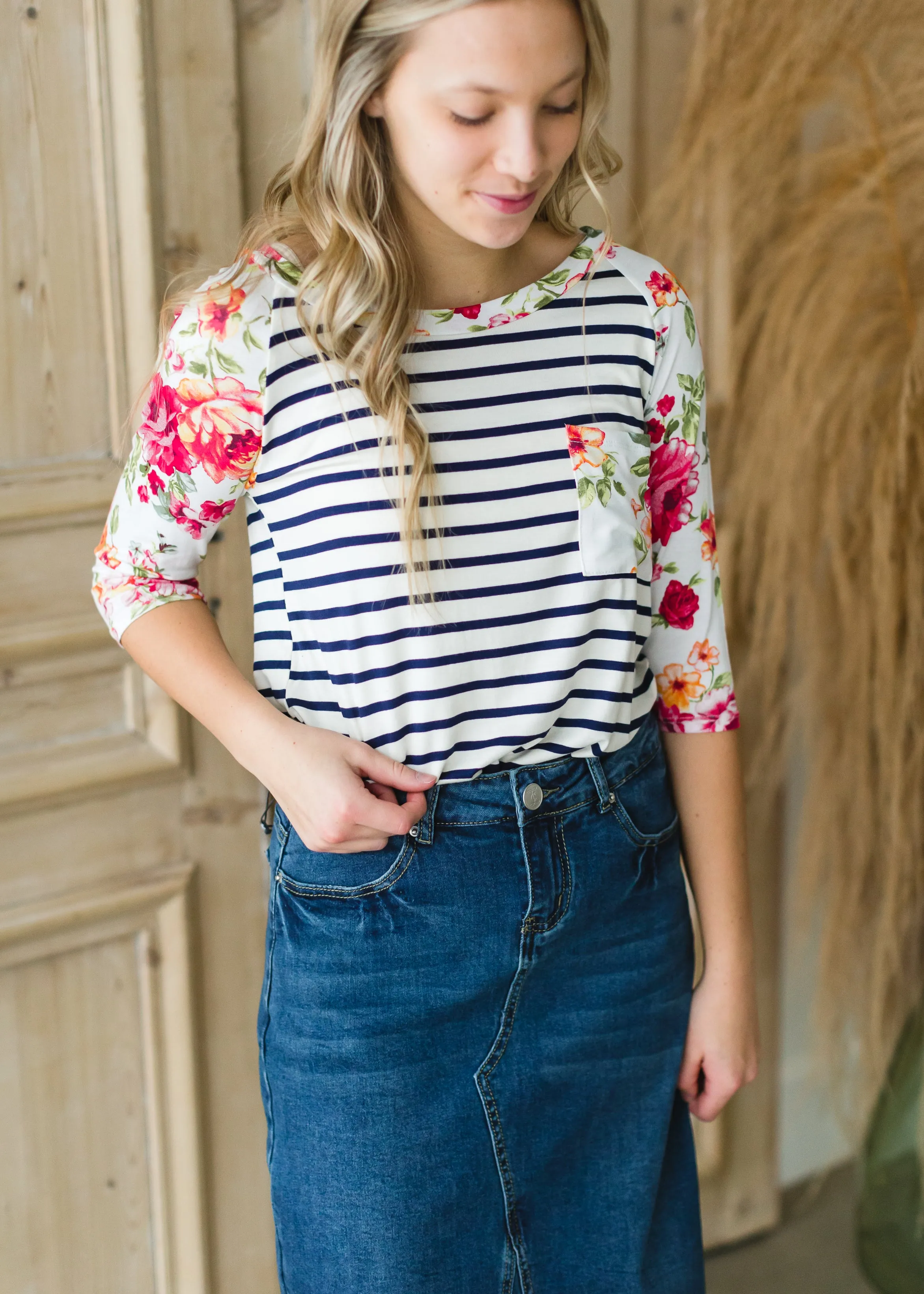 Ivory Floral   Striped Raglan Top - FINAL SALE