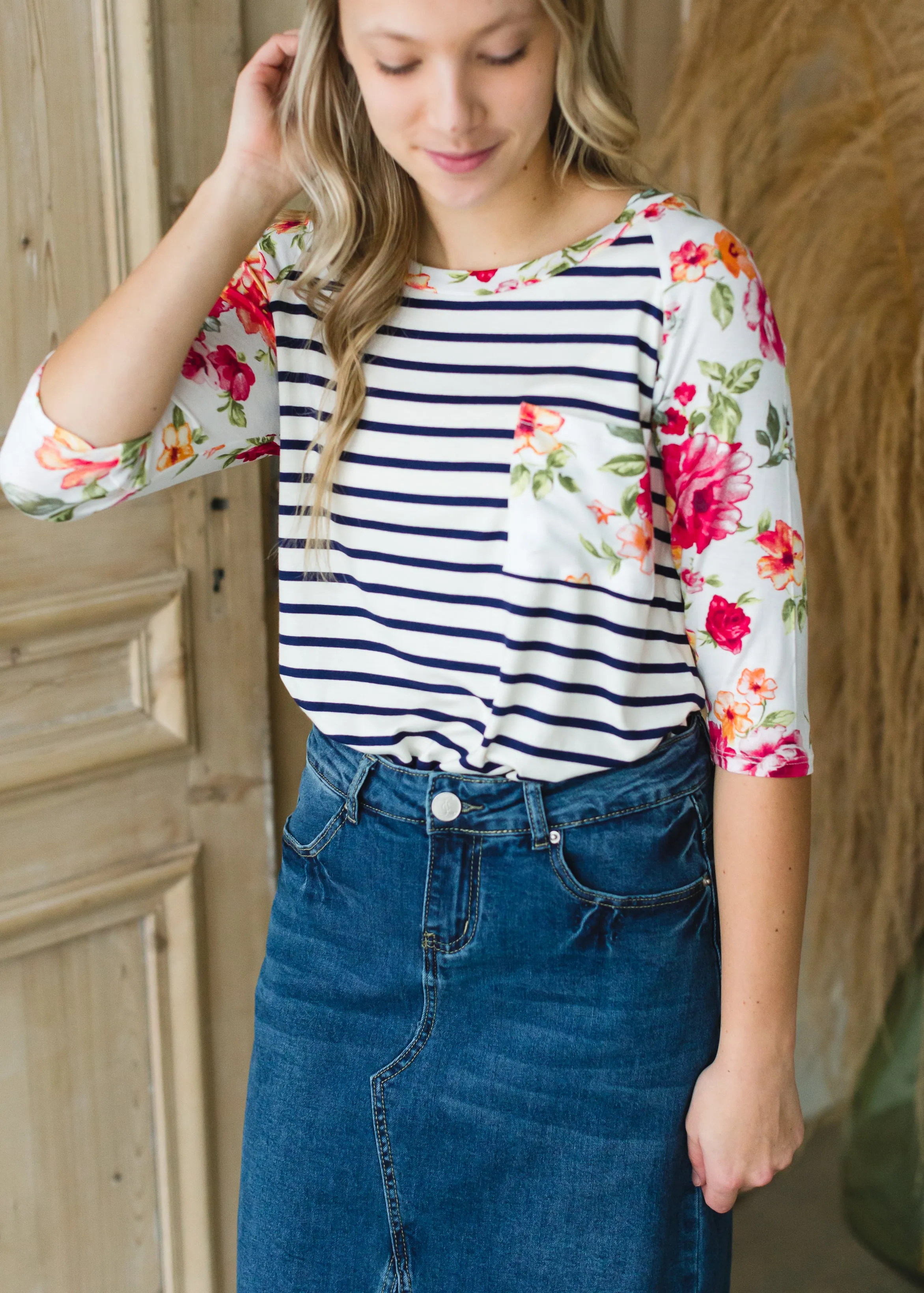 Ivory Floral   Striped Raglan Top - FINAL SALE