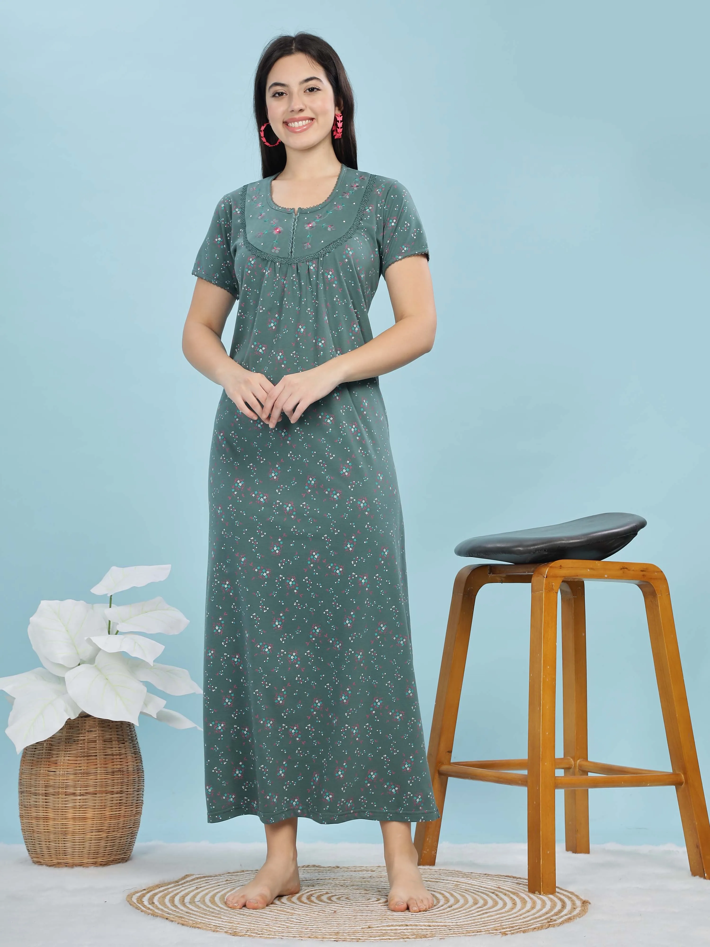 Jade Green Cotton Blend Maxi Nightdress for Women With Stylish Comfort