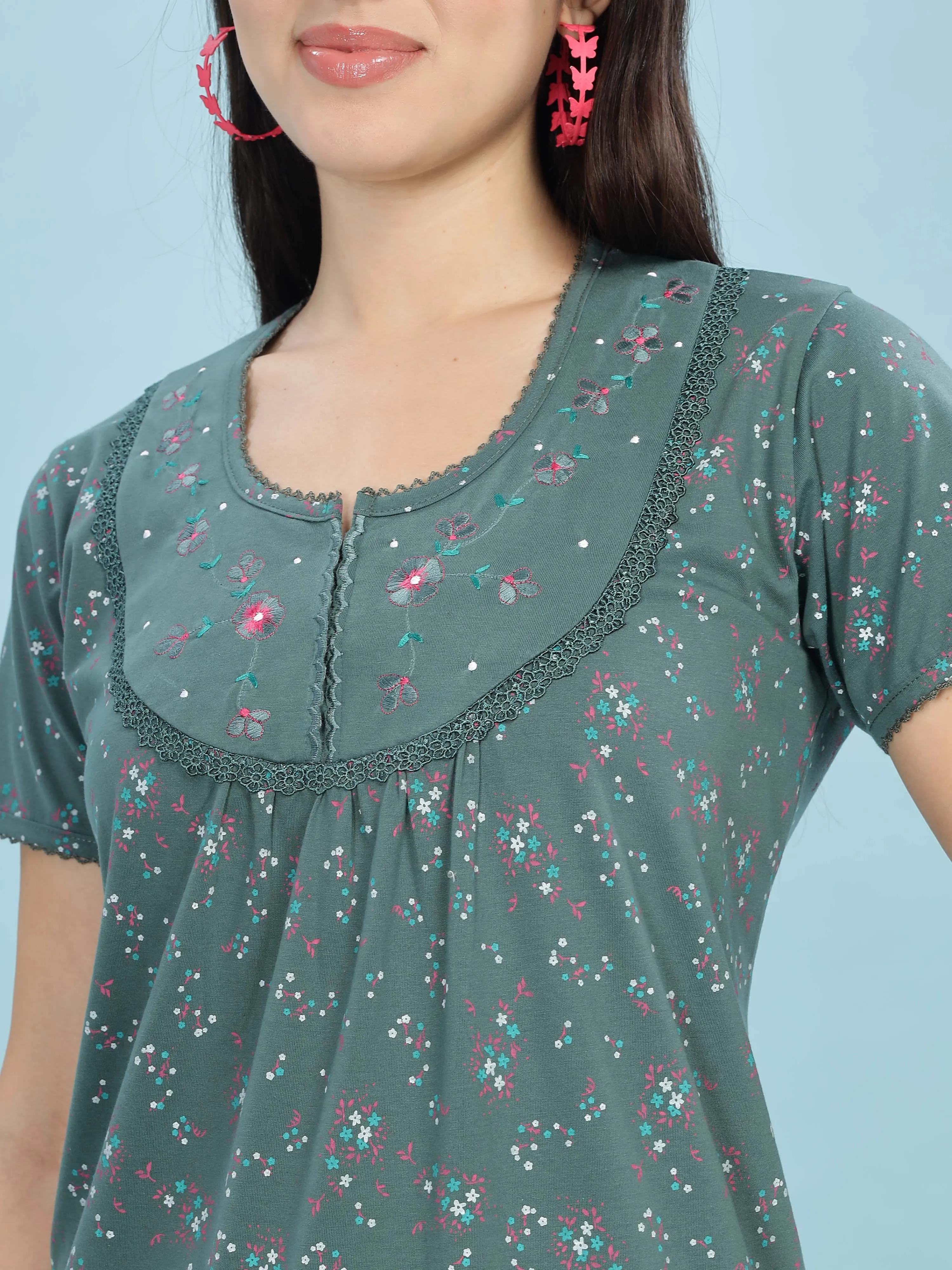 Jade Green Cotton Blend Maxi Nightdress for Women With Stylish Comfort