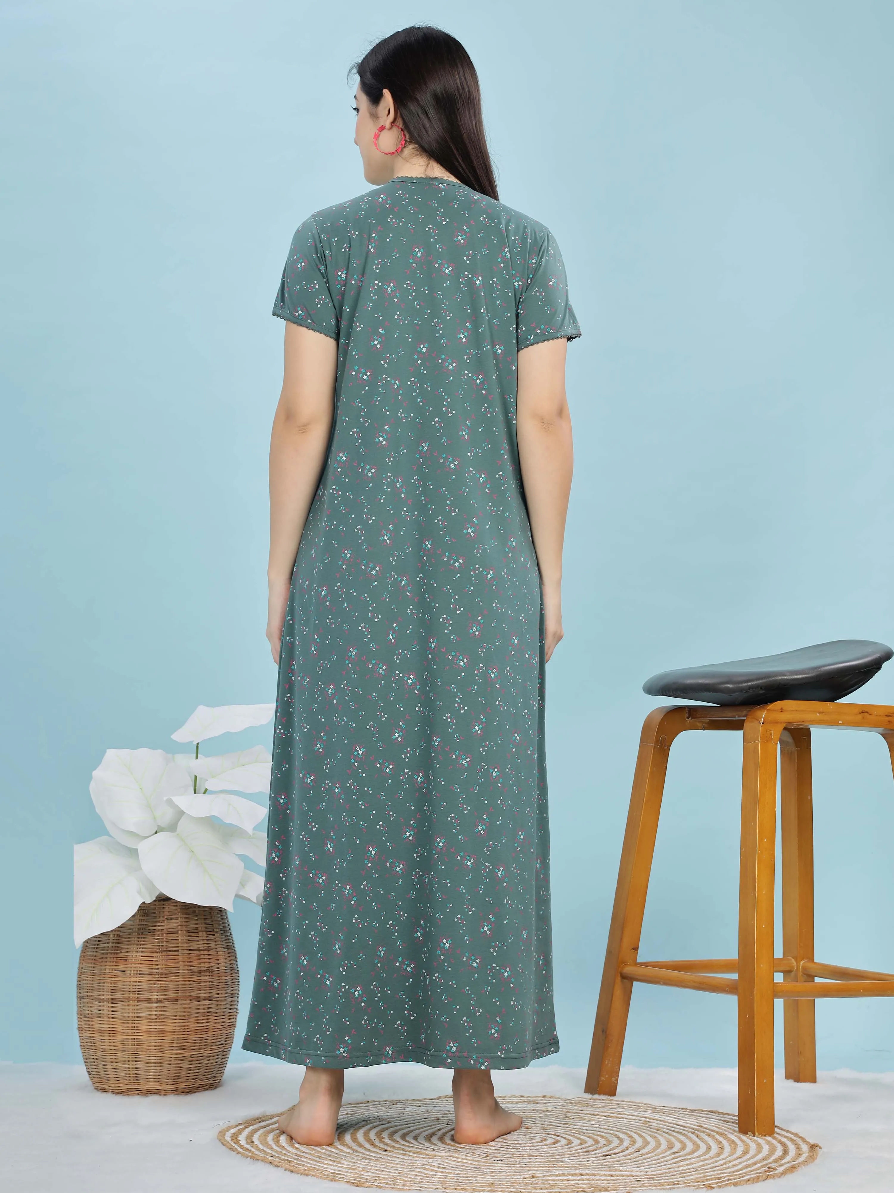 Jade Green Cotton Blend Maxi Nightdress for Women With Stylish Comfort