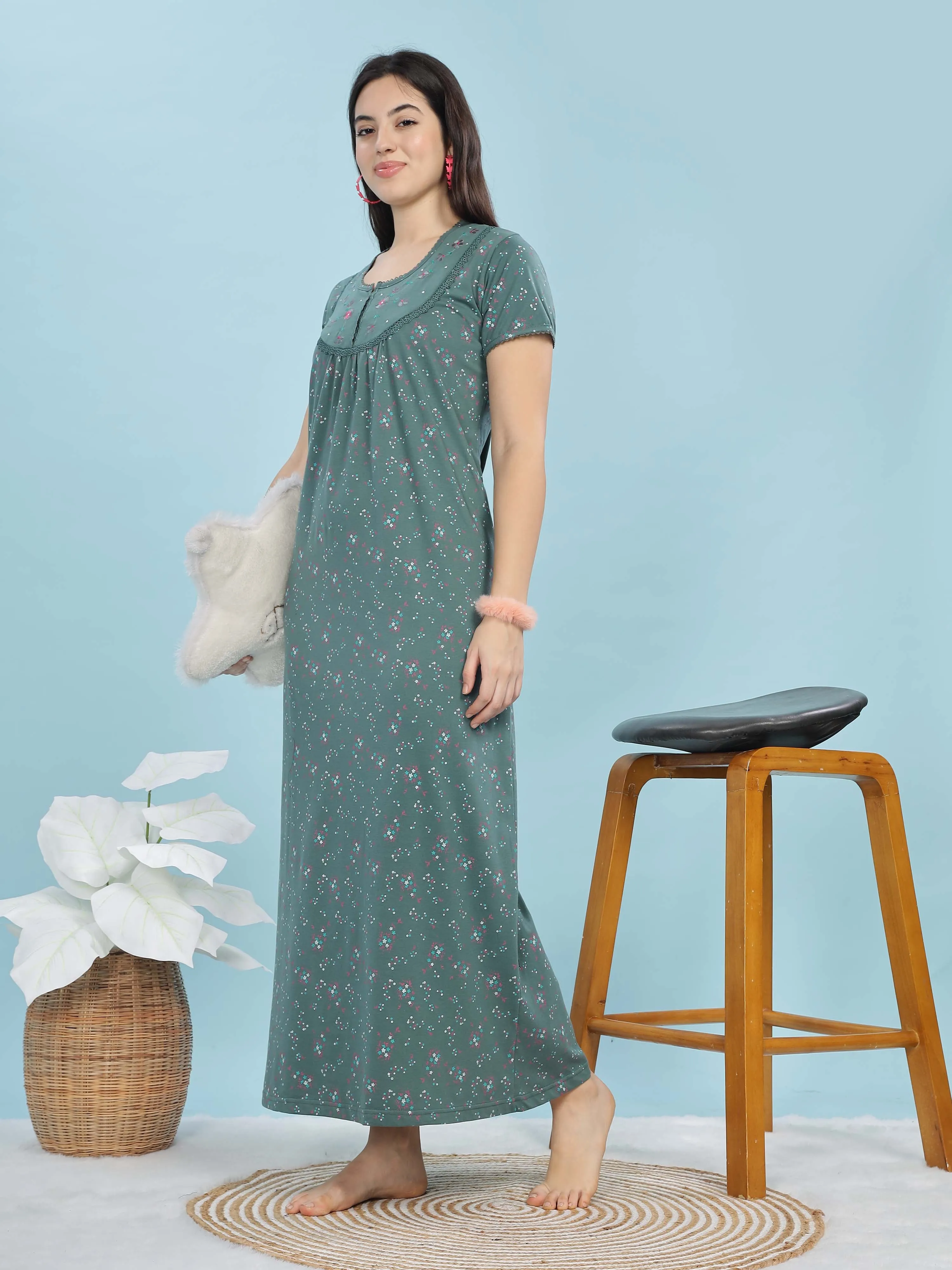 Jade Green Cotton Blend Maxi Nightdress for Women With Stylish Comfort