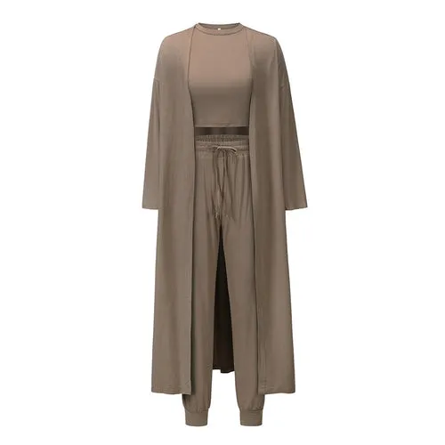 Long Trench-Style Cardigan 3 Pc Loungewear Set - Fern and Oak