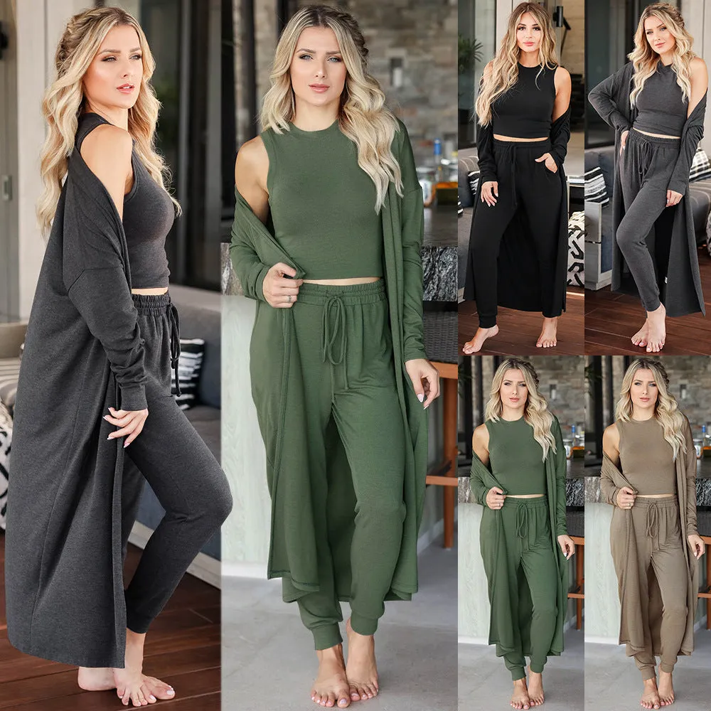 Long Trench-Style Cardigan 3 Pc Loungewear Set - Fern and Oak