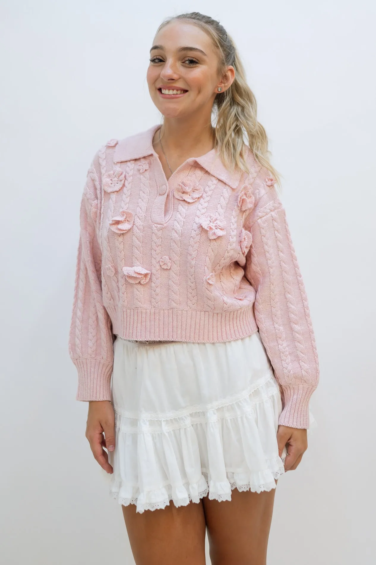 Marcie Flower Knit Sweater - Pink