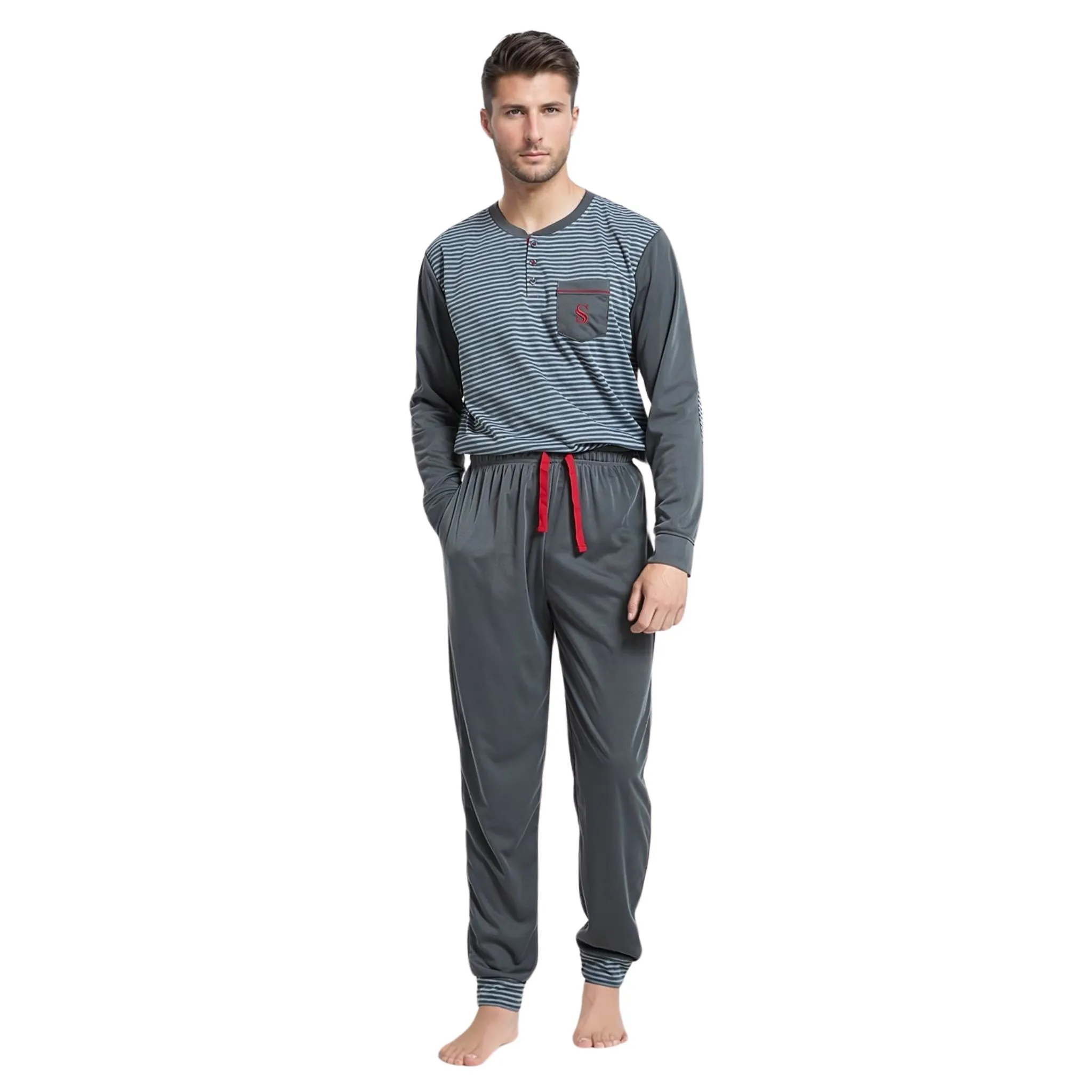 Men's Long Sleeve Pyjamas, Grey-Blue Stripe Loungewear Novelty Pjs