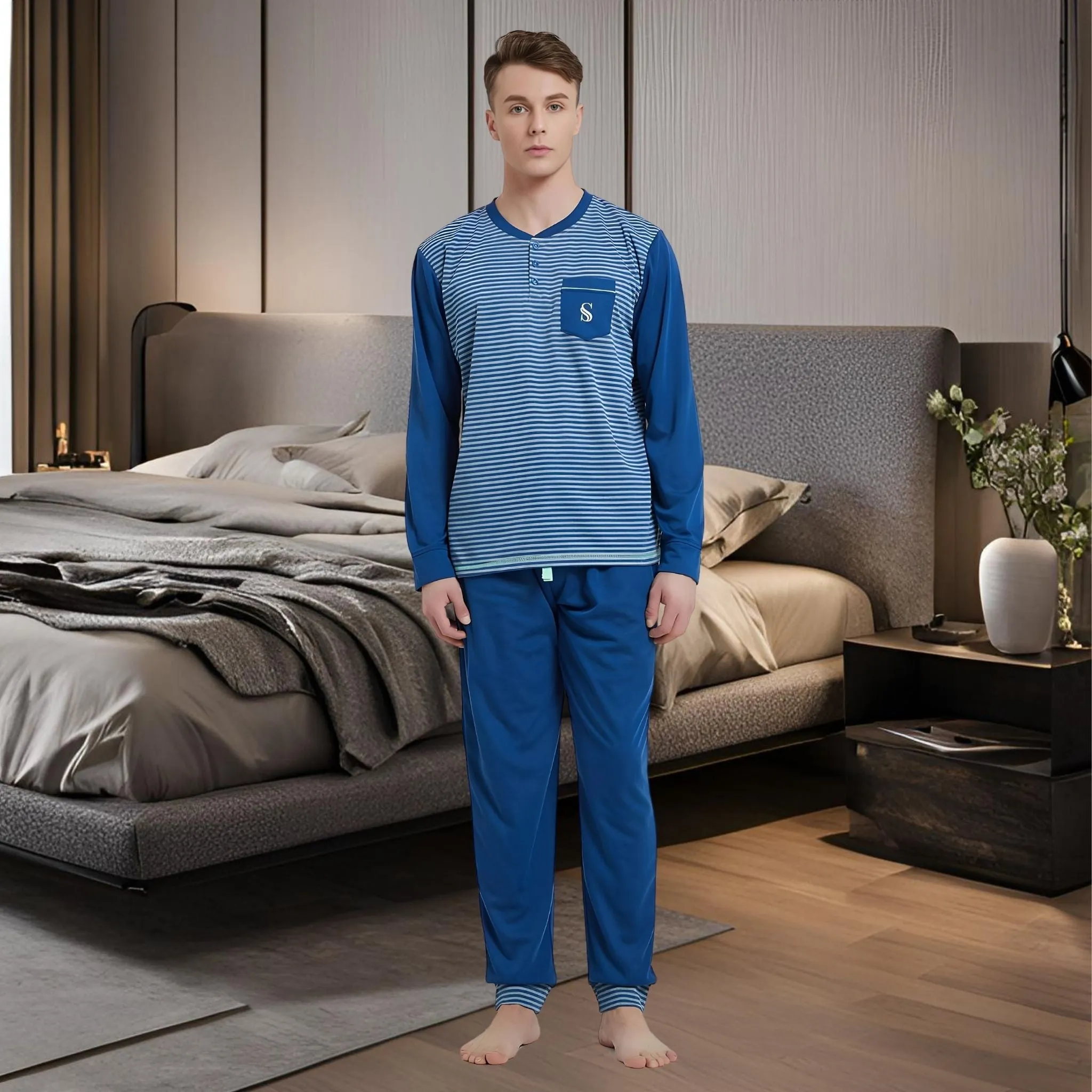 Men's Long Sleeve Pyjamas, Grey-Blue Stripe Loungewear Novelty Pjs