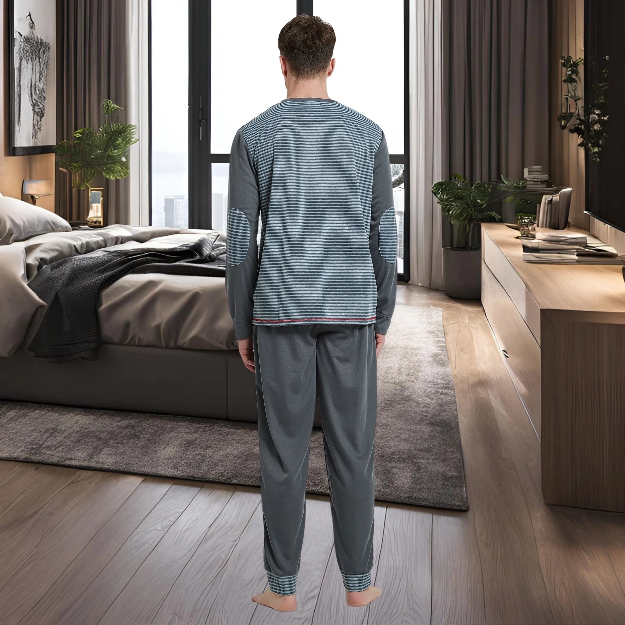 Men's Long Sleeve Pyjamas, Grey-Blue Stripe Loungewear Novelty Pjs