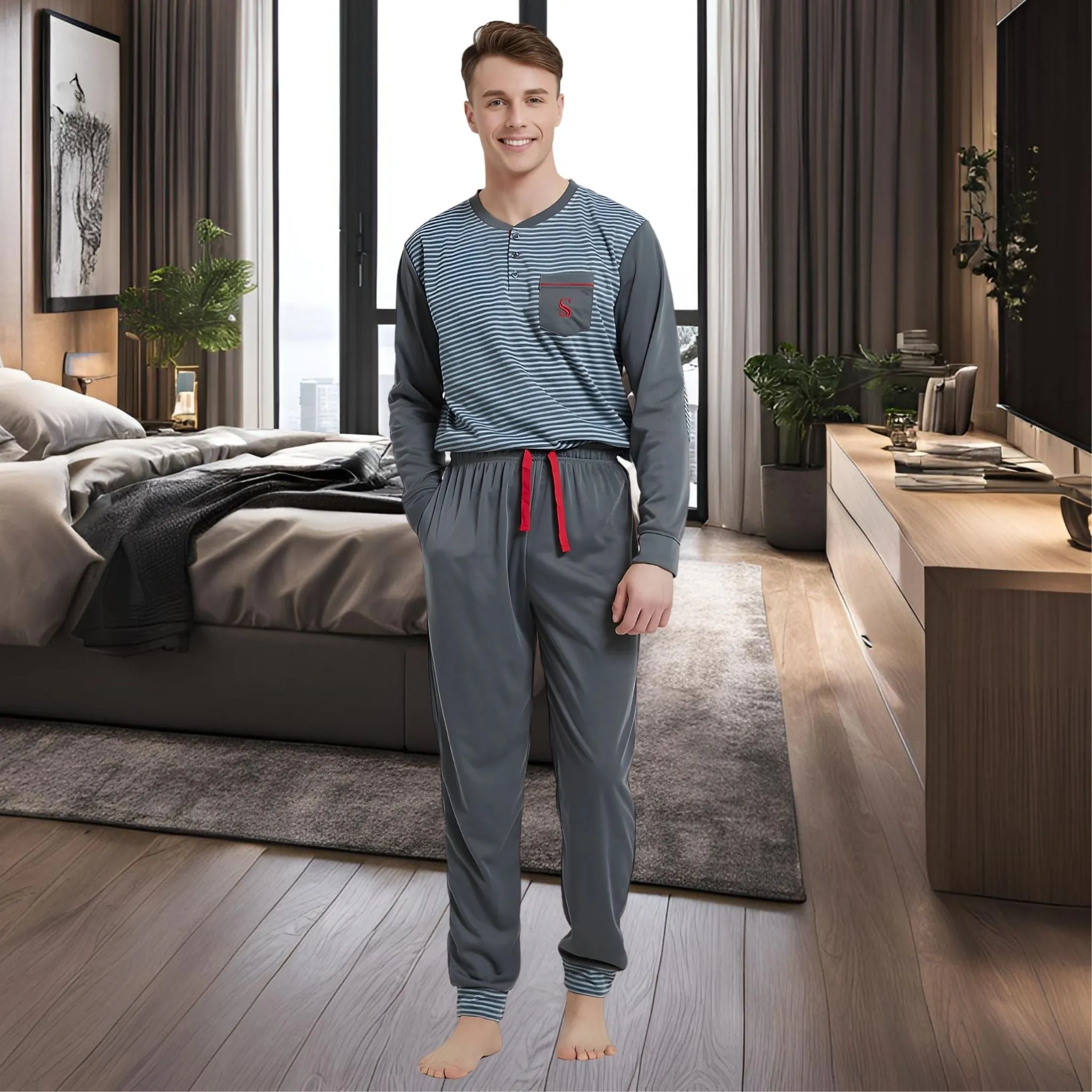 Men's Long Sleeve Pyjamas, Grey-Blue Stripe Loungewear Novelty Pjs