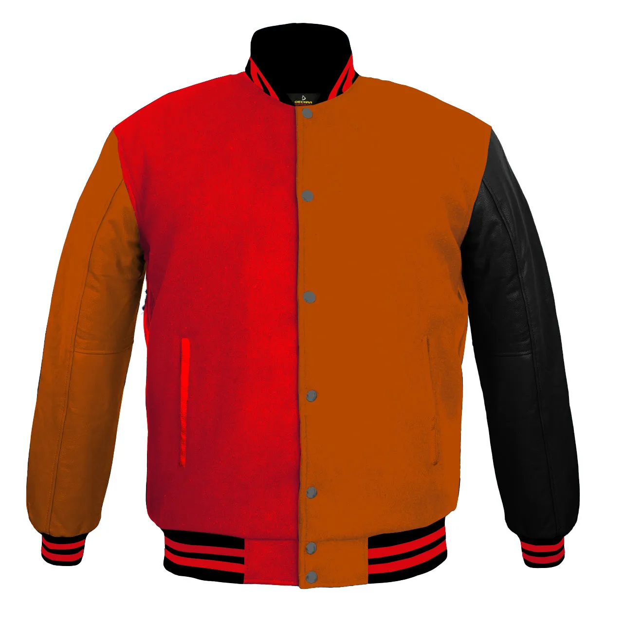 Men's Varsity Jackets Genuine Leather Sleeve And Wool Body Red/Orange