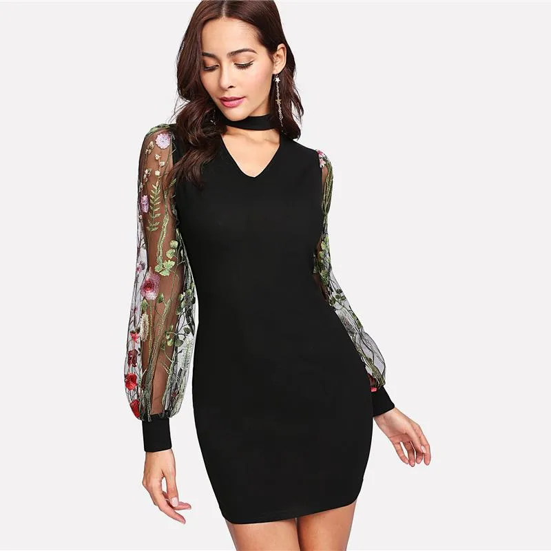 Mesh Sleeve Embroidered Elegant Dress