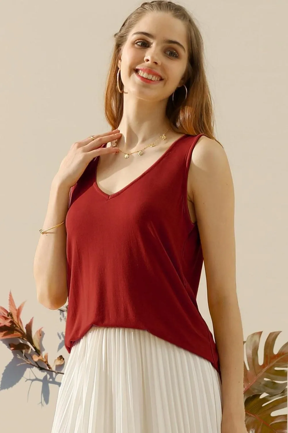 Ninexis Full Size V-Neck Curved Hem Tank - 10 Colors