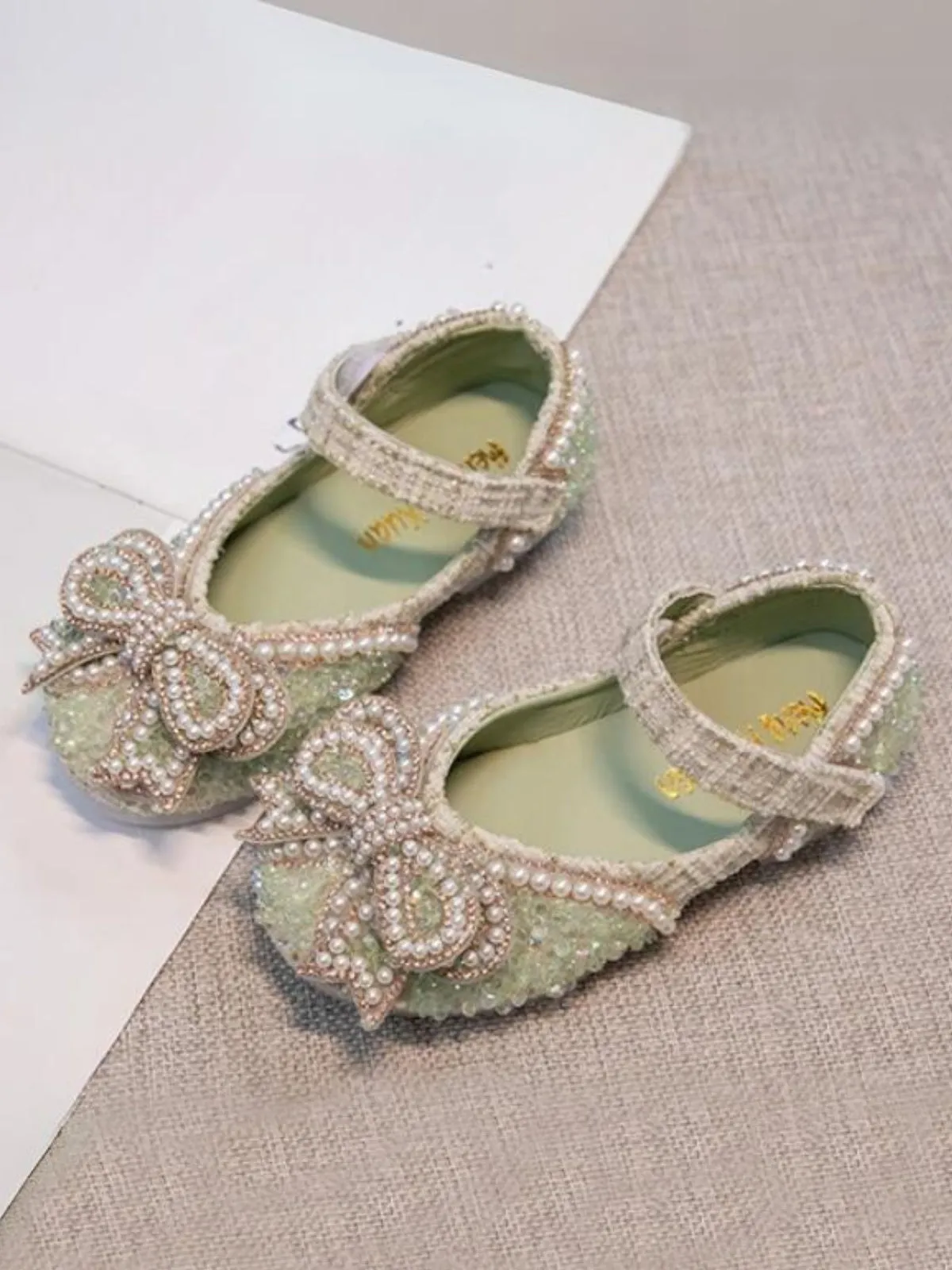 Non-Slip Mary Janes with Bow & Pearls Elegant Princess Flats  by Liv and Mia