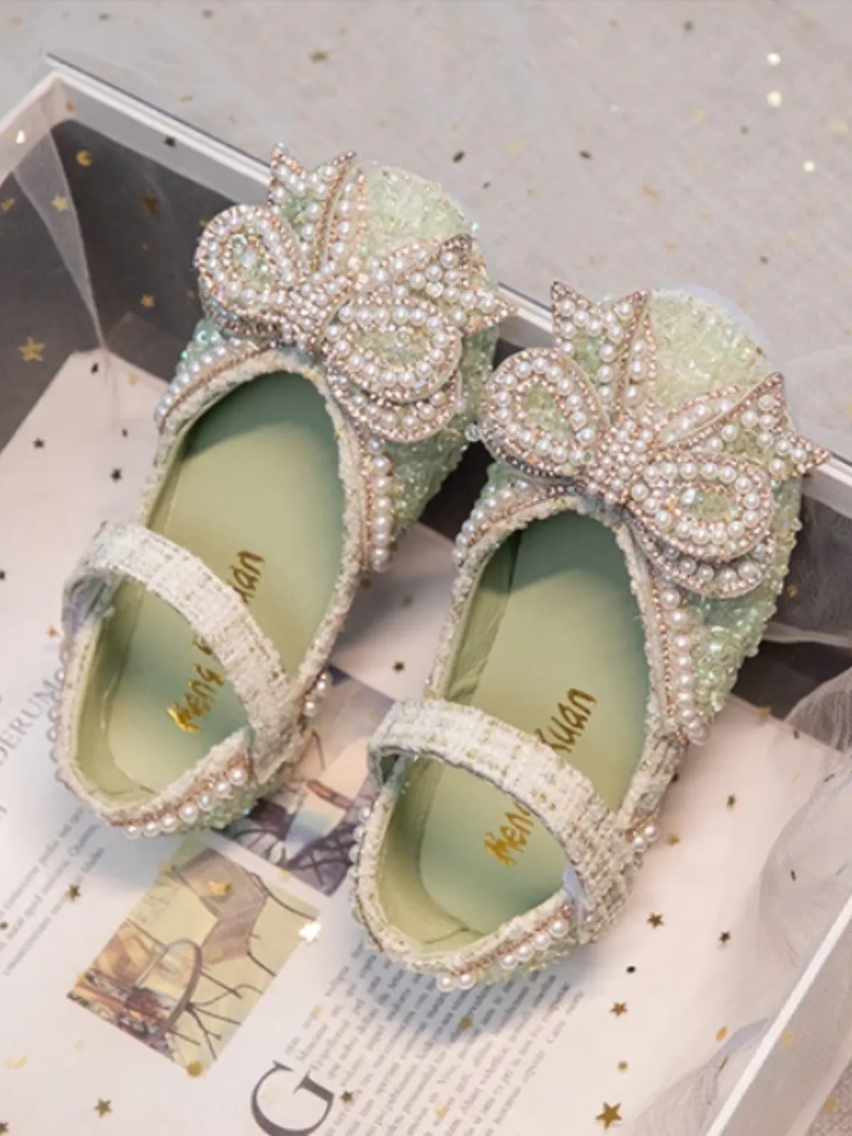 Non-Slip Mary Janes with Bow & Pearls Elegant Princess Flats  by Liv and Mia