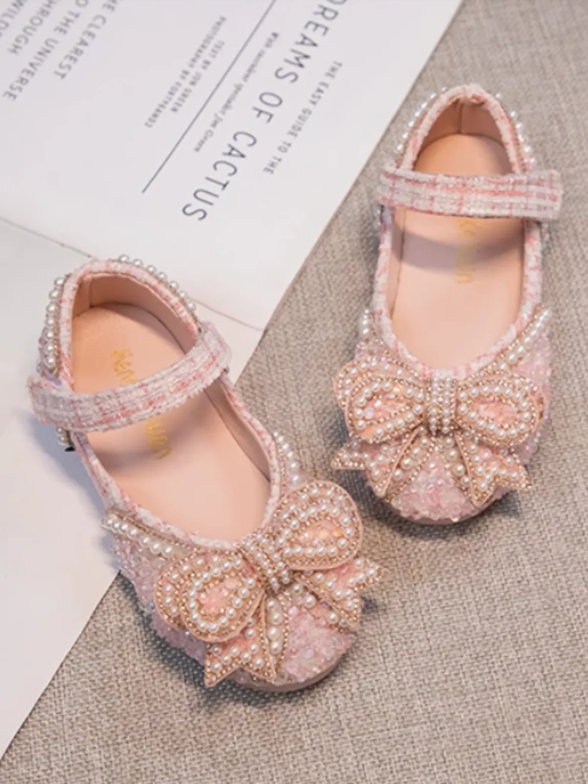 Non-Slip Mary Janes with Bow & Pearls Elegant Princess Flats  by Liv and Mia