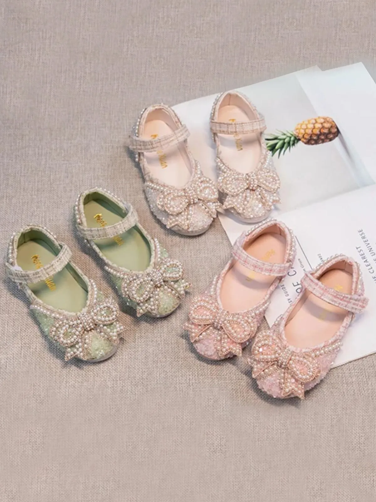 Non-Slip Mary Janes with Bow & Pearls Elegant Princess Flats  by Liv and Mia