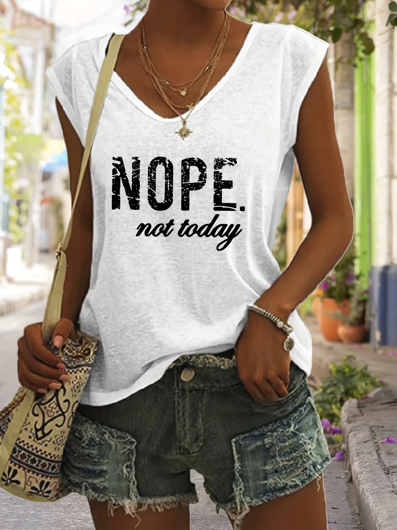 Nope Print Tank VNeck Casual Top for Spring  Summer